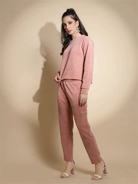 Dusty Pink Solid Full Sleeve Round Neck Cotton Blend Co-ord Set