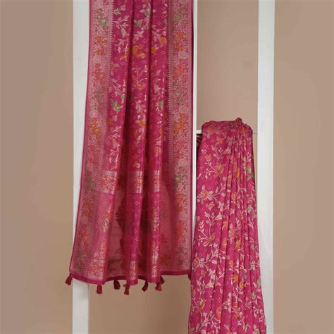 Pink Silk Blend Woven Saree with Matching Blouse – Paulsons