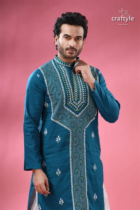 Munsell Blue Kantha Stitch Cotton Panjabi for Men – Craftyle