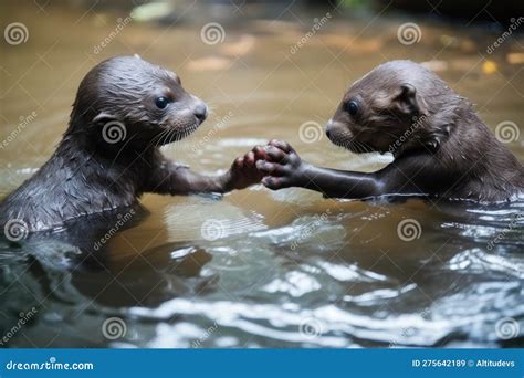 Baby Otters in the Park, Playing and Holding Hands while Floating on ...