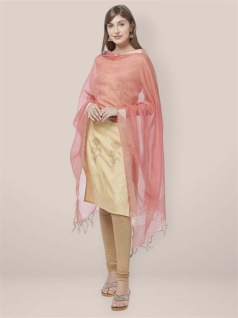 Peach Cotton Silk Dupatta with Gold Borders. Dupatta Bazaar