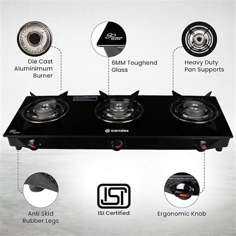 Candes Toughened Glass 3 Burner Manual Gas Stove |Die Cast Alloy ...