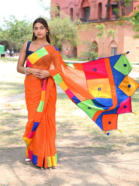 पतंग Saree - Orange Cotton-Silk Blend, Crochet & Mirror Work | Save As