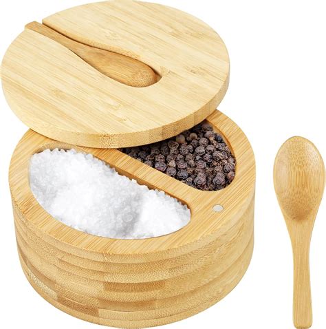Salt and Pepper Bowls Bamboo Pepper Salt Cellar with Swivel Lid & Mini Spoon 2 Compartments Salt ...