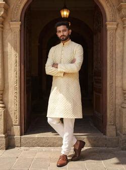 Lemon Floral Thread work Cotton Silk Kurta Pajama – South India ...