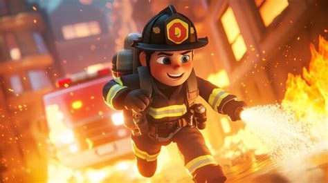 The poster shows a firefighter in action wearing full gear and a helmet ...