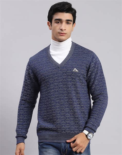 Buy Men Blue Self Design V Neck Full Sleeve Sweaters/Pullovers Online ...
