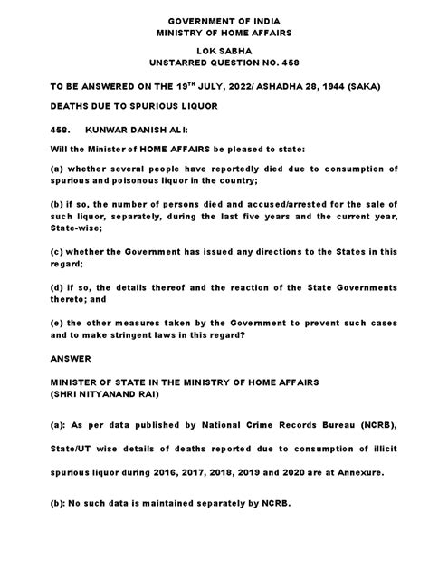 Lok Sabha Unstarred Q. No. 458: Deaths from Spurious Liquor in India ...
