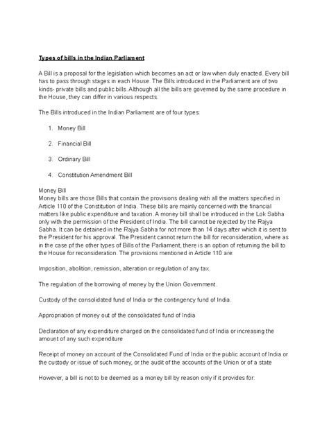 TYPES OF BILLS IN INDIAN PARLIAMENT - Types of bills in the Indian ...