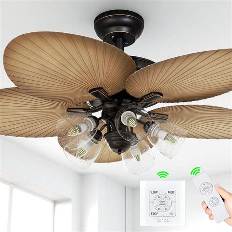 Dextrus 52in Tropical Ceiling Fan with Light, Remote, 5 Palm Blades, 3 ...