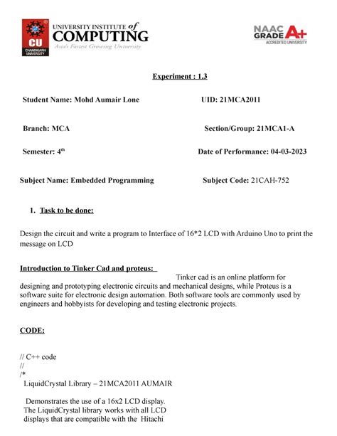 21MCA2011-Exp1 - Experiment : 1. Student Name: Mohd Aumair Lone UID ...