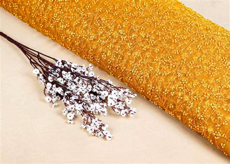 Mustard Imported Net Fabric With All Over Bead And Sequins Work 15756