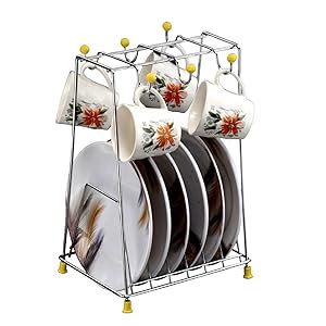 GRIDKITCHEN Stainless Steel Cup Saucer Plate Stand 6 Hooks for Holding ...