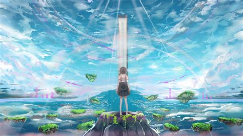 Download wallpaper 1600x900 girl, island, building, light, rays, anime ...