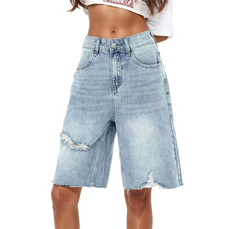 Distressed Denim Shorts Ripped Loose Boyfriend Knee Length Denim Shorts ...