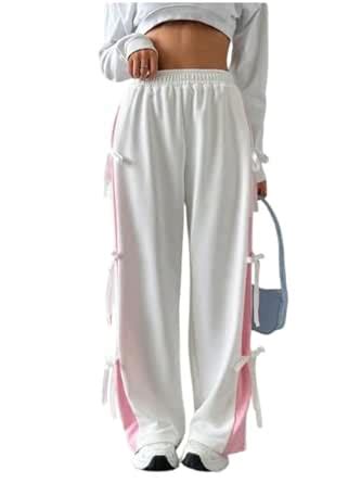 Aglobi Women's Wide Leg Sweatpants with Side Bow Details, High Waist ...