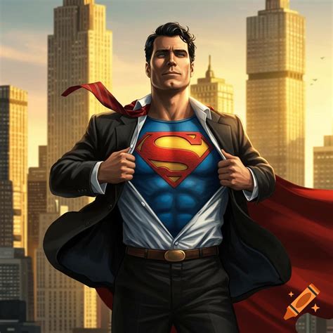 Superman in a business suit ripping open his shirt to reveal his ...