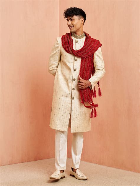 Men's Cream Sherwani Dupatta Set | VASTRAMAY – vastramay