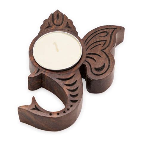 Block Carved Wood Stained T-light Holder Ganesha – Eyaas