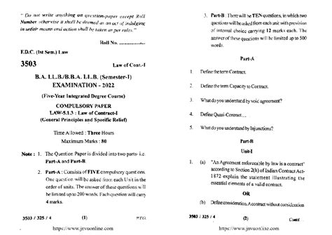 B.A. LL.B. 1st Sem. Law of Contract & Specific Relief (3503) Exam 2022 ...