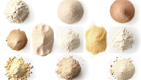 Different types of flour on white background top and side views Collage ...