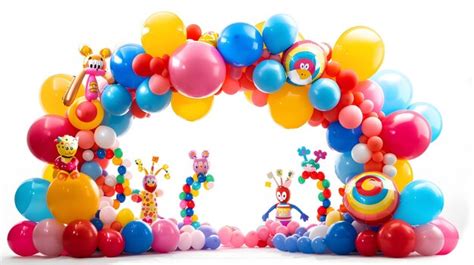 Joyful birthday party balloon arch with cartoon characters | Premium AI ...