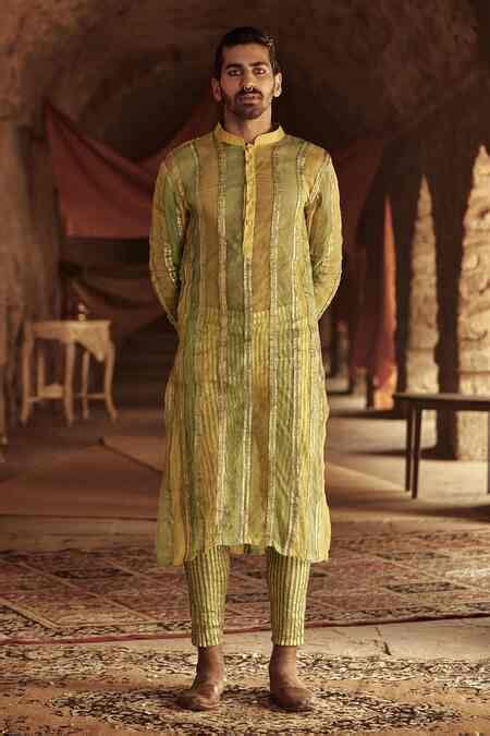 Buy Yellow Organza, Cotton Lycra Panelled Kurta And Pant Set For Men by ...