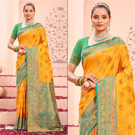 Yellow Floral Woven Kanjivaram Silk Saree With Tassels