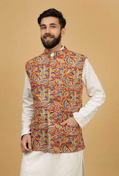 Scarlet Red and Yellow Floral Kalamkari Cotton Nehru Jacket – TJORI