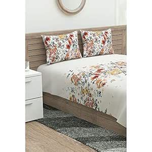 Maisha Floral Printed Double Flat Sheet with 2 Pillow Cover (Off White ...