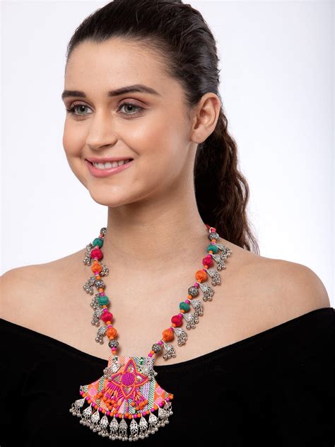 Women Pink & Orange Silver-Plated Beads Embroidered Handcrafted Neckla