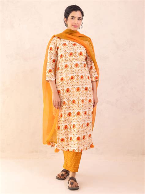 Mustard Yellow Orange Hand Block Printed Cotton Suit- Set of 3