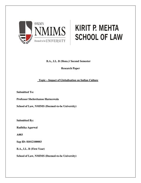 Impact of globalisation on indian culture - B., LL. B (Hons.)/ Second ...