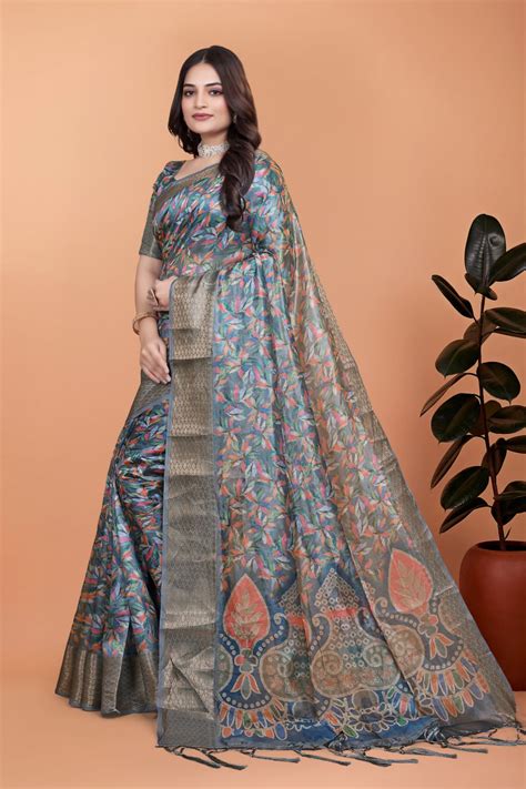 Elegant Floral Printed Silk Saree with Silver Border | Traditional Ind