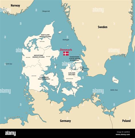 Denmark regions vector map with main cities and with neighbouring countries and territories ...