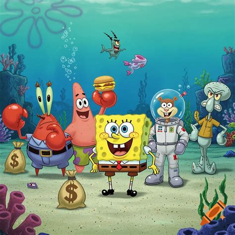 Cartoon characters Spongebob, Patrick, Mr. Krabs, Sandy, and Squidward ...