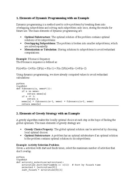Dynamic Programming, Greedy Strategy, and Huffman Coding Concepts - Studocu