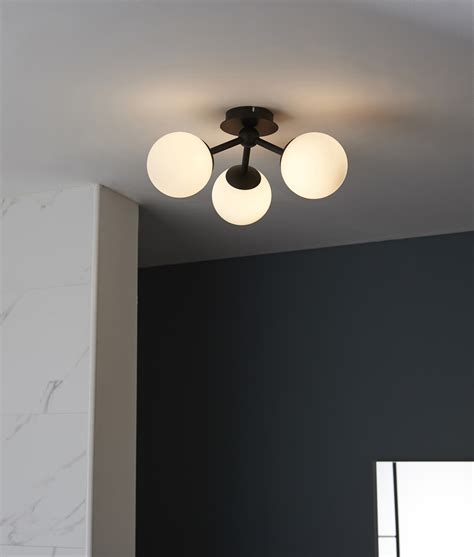 3 Light IP44 Semi Flush Ceiling Light - Matt Black & Matt White Glass