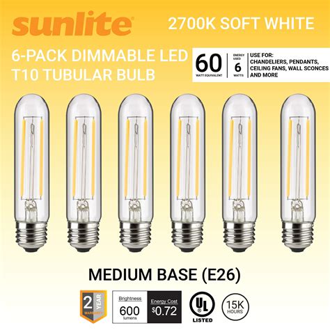 Sunlite LED Filament T10 Tubular Light Bulb, 6 Watts (60W Equivalent ...