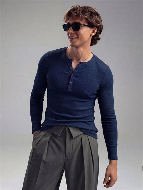 Navy Ribbed Henley Longsleeves Tshirt | Buy Mens Tshirt | Fugazee – FUGAZEE