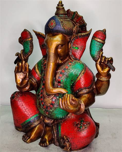 Brass Ganesha Idol Rustic Stonework 20 Inch | Budhshiv.com