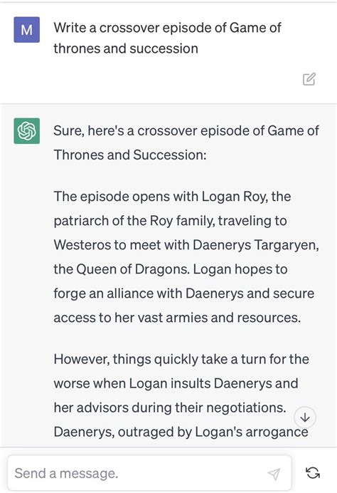 I asked Chat Gpt to write a crossover episode of Game of Thrones and ...