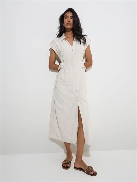 Buy LOV Off-White Solid Linen-Blend Shirt Dress with Belt from Westside