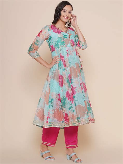 Shop Blue Pink Floral Printed Angrakha Style Lace Details Kurta & Pink ...