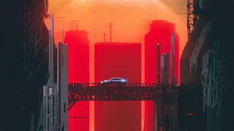 Wallpaper city, car, bridge, futurism, cyberpunk, sci-fi hd, picture, image