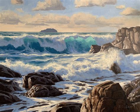 an oil painting of waves crashing on the rocky shore with large rocks in foreground