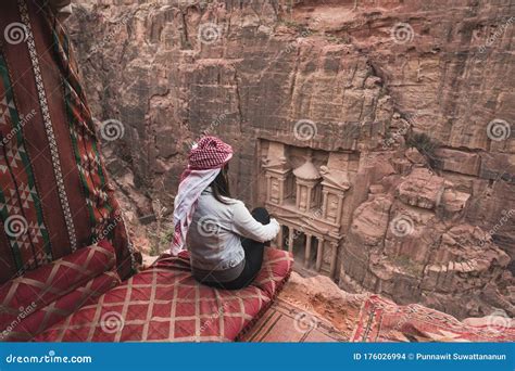 A Woman Enjoy View of Amman Capital City of Jordan, Arab Sitting in Front of the Treasury in ...
