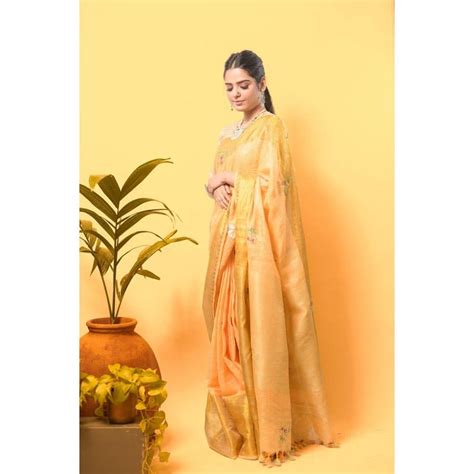 Khadi Saree - Floral Embroidered Yellow Gold Linen Elegance – Charkha Tales