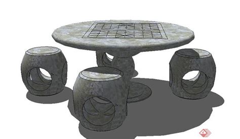中式风格圆形石桌凳素材su模型[原创]