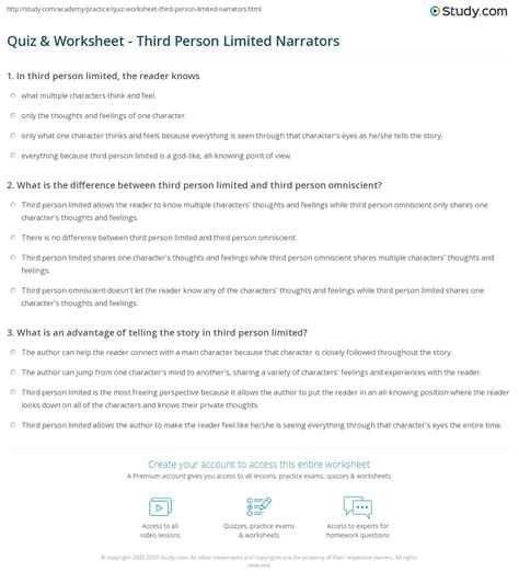 Quiz & Worksheet - Third Person Limited Narrators | Study.com